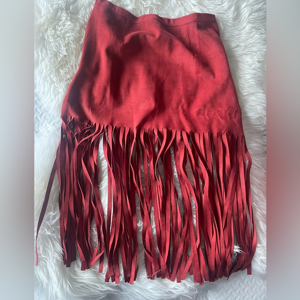 Orange Fringe Suede Skirt